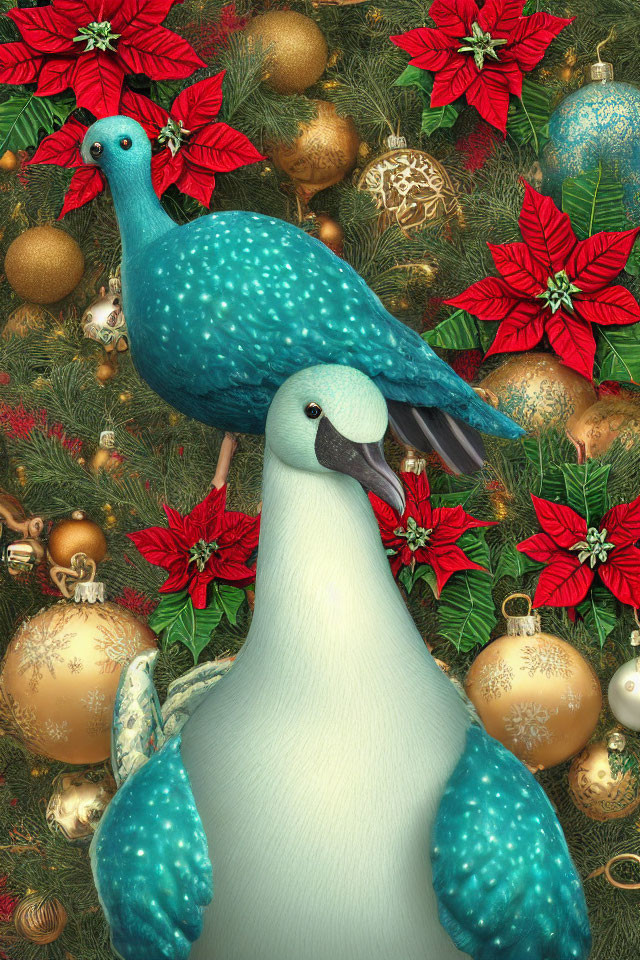 Turquoise Birds Among Christmas Decorations