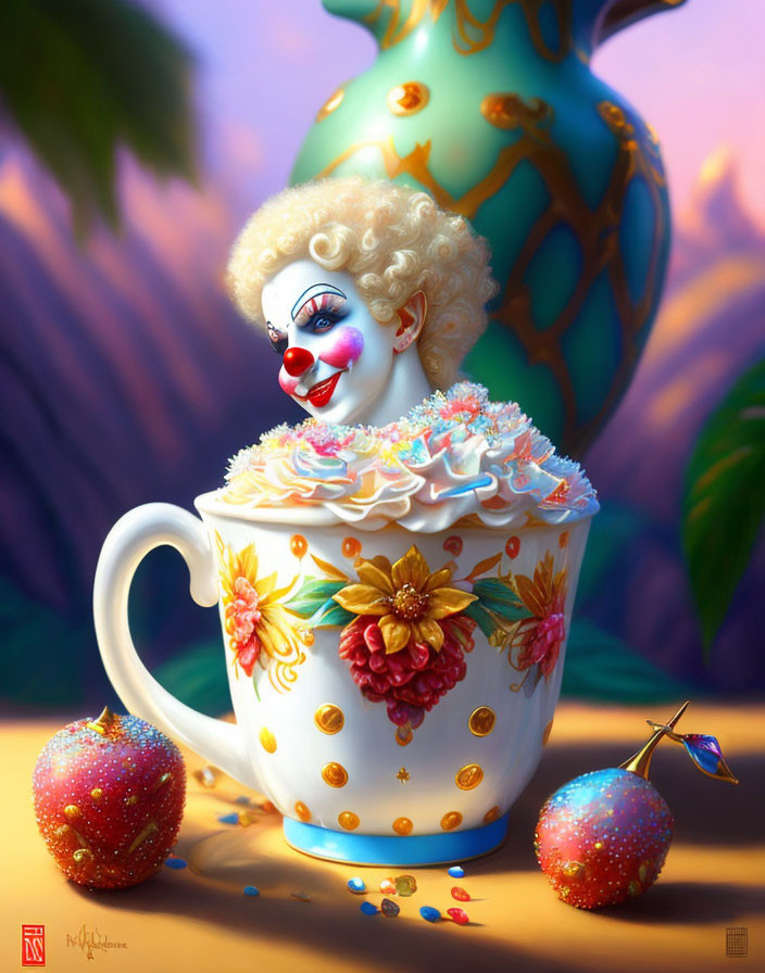 Colorful Clown Illustration Popping Out of Teacup