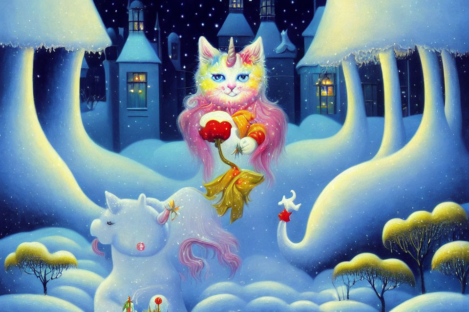 Whimsical painting of cat with butterfly wings and unicorn in snowy landscape