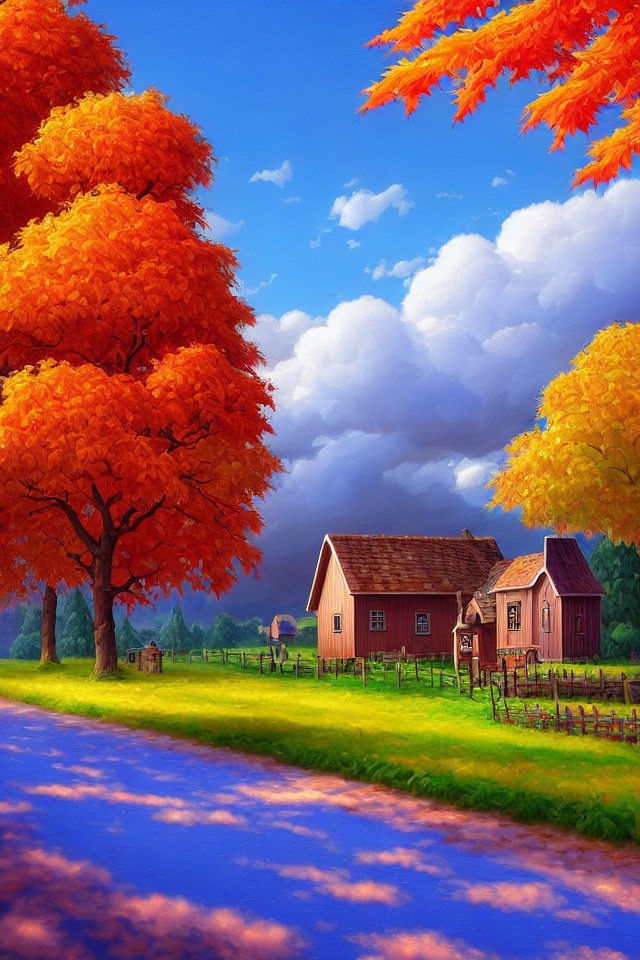 Colorful Autumn Landscape with Orange Foliage, Red Barn, and Blue Sky