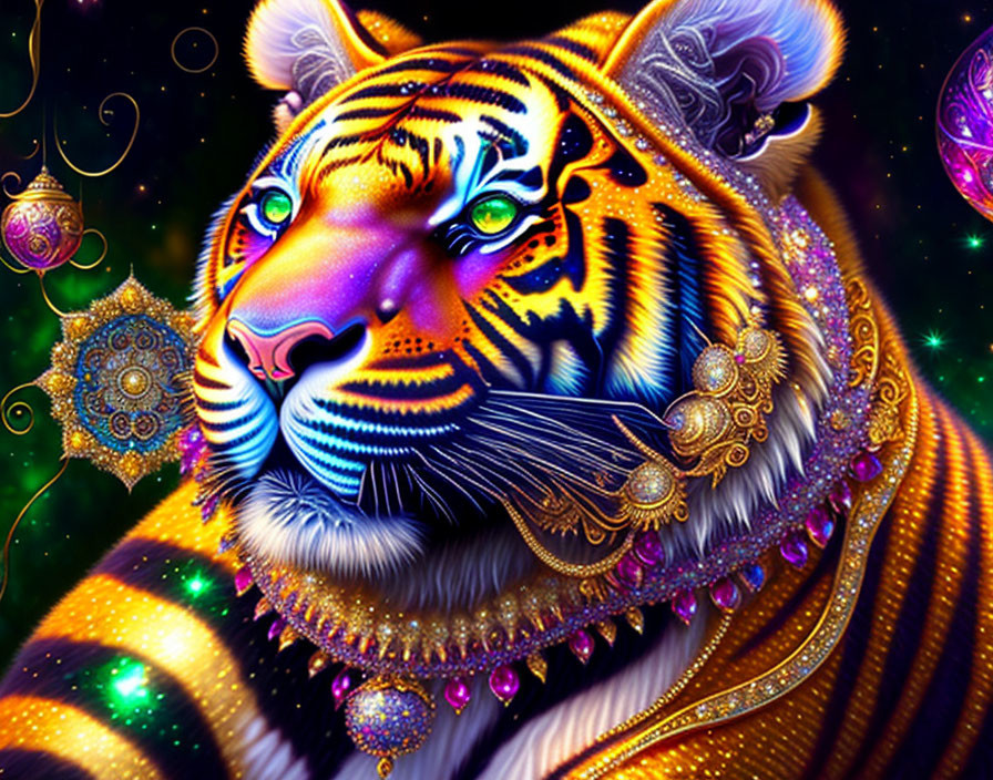 Colorful Tiger Artwork with Neon Hues and Cosmic Background