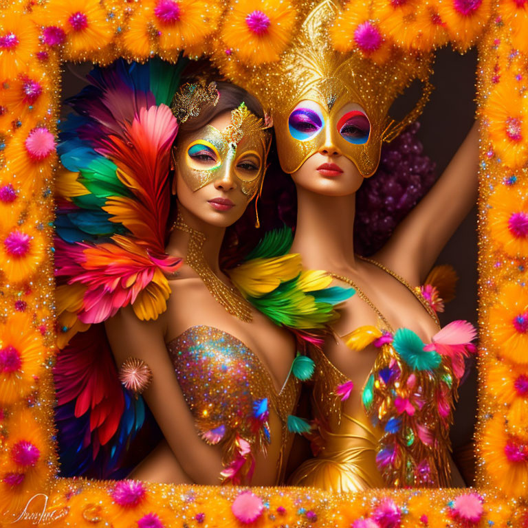 Colorful Carnival Masks and Costumes Amid Vibrant Flowers