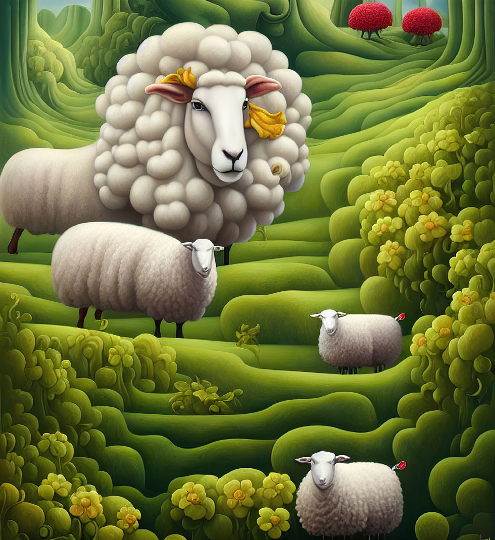 Illustration of sheep in lush green hills with flowers and berries