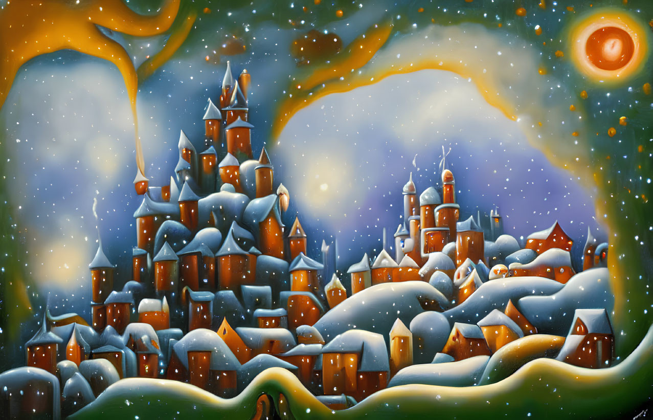 Snow-covered village under starry night sky with vibrant moon.