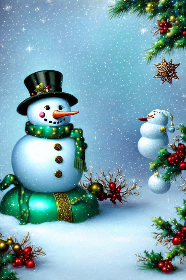 Two snowmen under decorated evergreen in snowy night scene