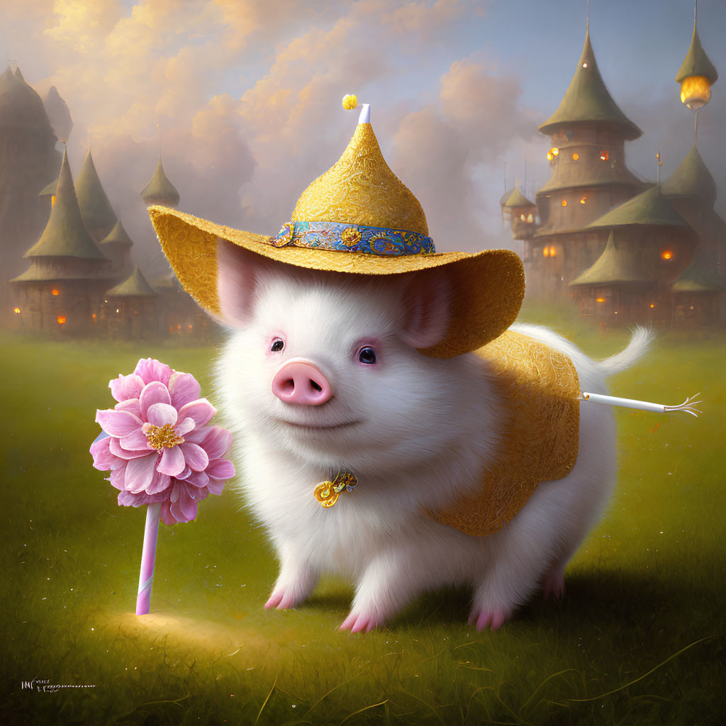 Whimsical piglet with golden hat and cloak holding a pink flower in misty fantasy setting