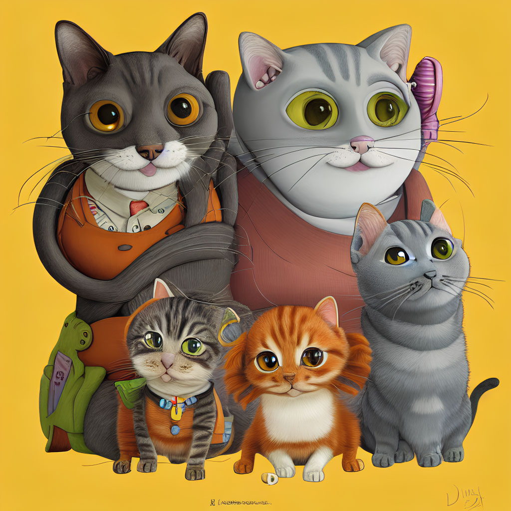 Anthropomorphic Cats Illustration: Four Cats in Clothes with Human-Like Expressions on Yellow Background