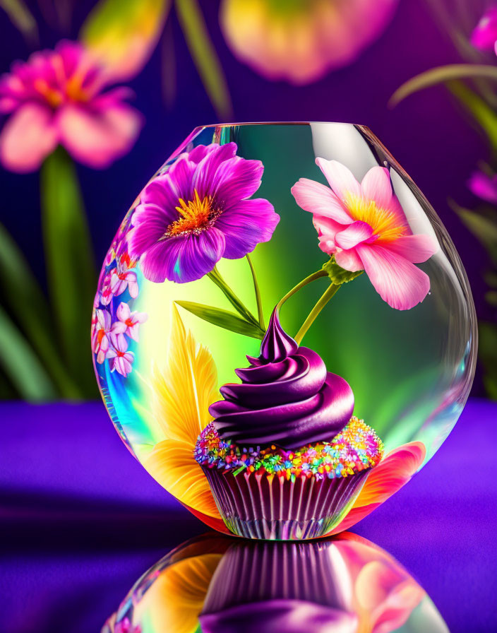 Colorful Cupcake Inside Transparent Orb Surrounded by Floral Illustration