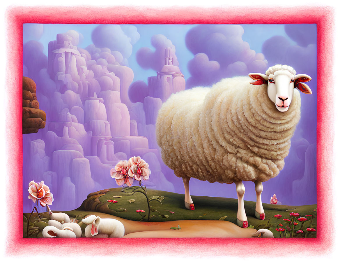 Illustration: Oversized sheep in serene landscape with lambs