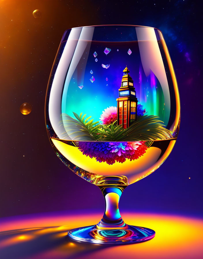 Colorful surreal illustration: wine glass with lighthouse, flora, crystals, and cosmic backdrop