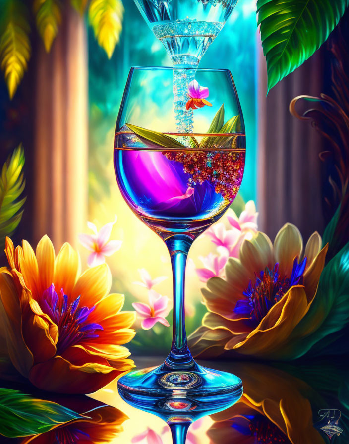 Colorful digital artwork: Wine glass with purple liquid, exotic flowers, enchanted forest.