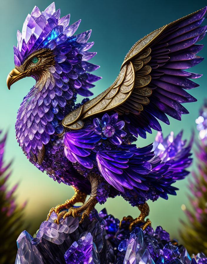 Majestic fantasy eagle with purple feathers and crystalline structures