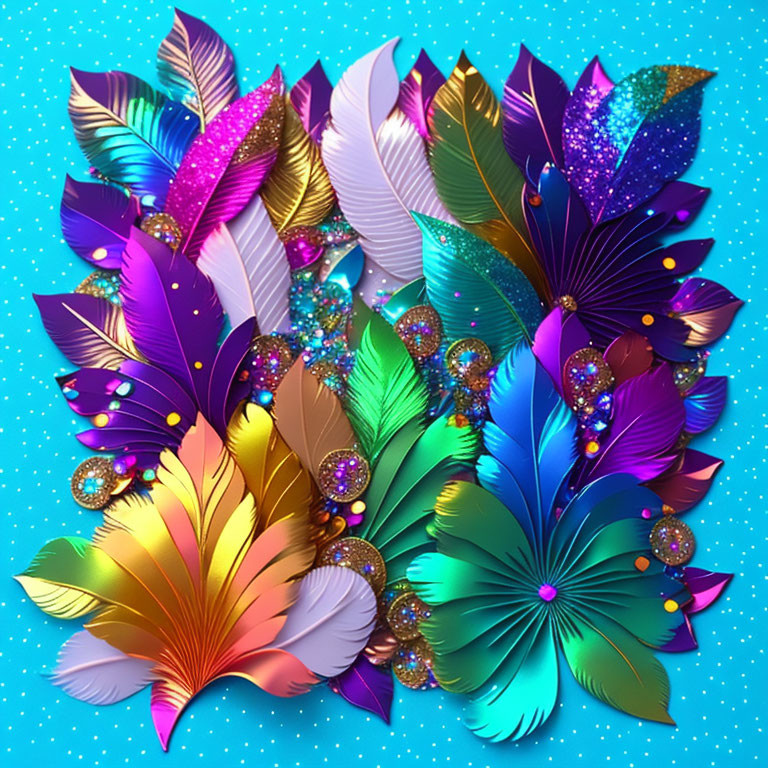 Colorful Feather Illustrations with Jewels and Glitter on Teal Background