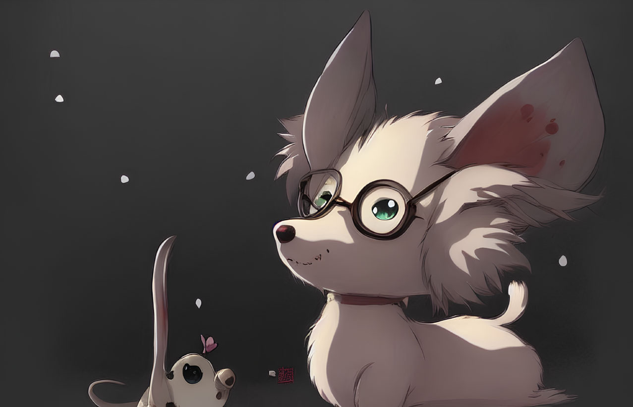 Illustrated puppy and mouse with glasses on dark background