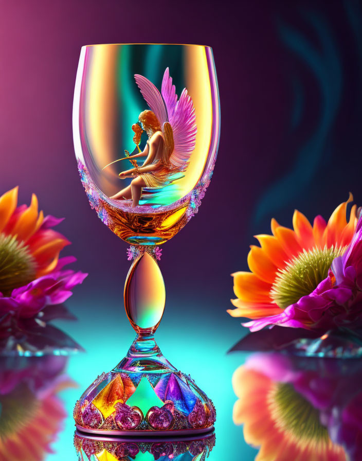 Fantastical fairy with wings in wine glass amid vibrant flowers