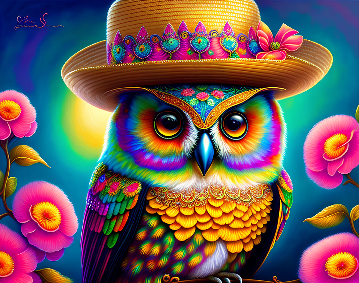 Colorful Owl Illustration with Decorative Hat and Pink Flowers on Blue Background