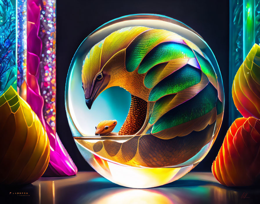 Colorful digital artwork: Stylized mythical creature in transparent sphere surrounded by abstract shapes