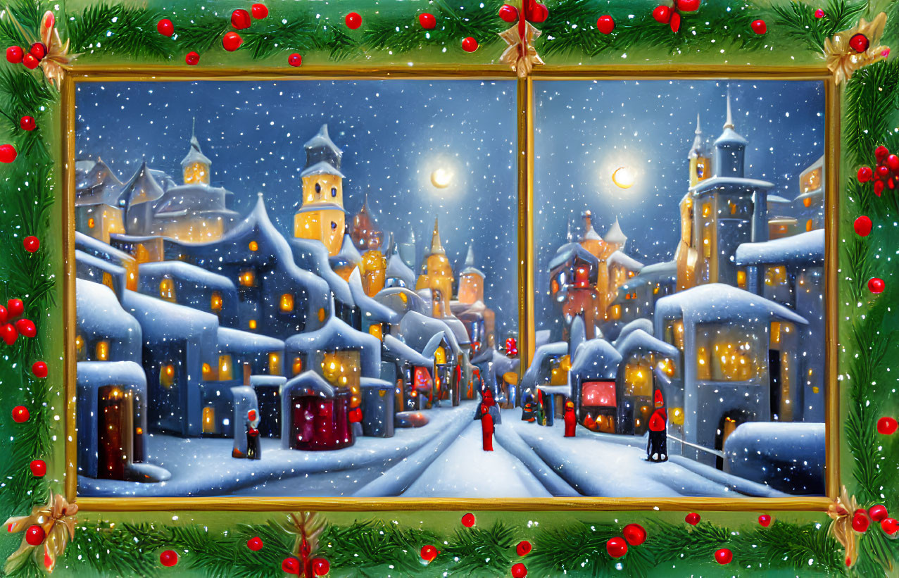 Snow-covered buildings and festive decorations in a Christmas scene.