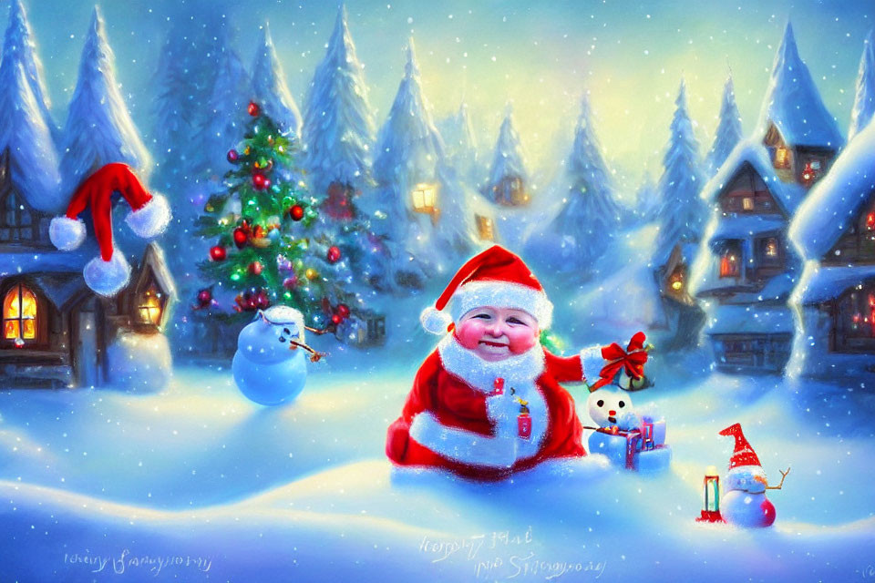 Baby Santa Claus with Snowy Christmas Scene and Snowman