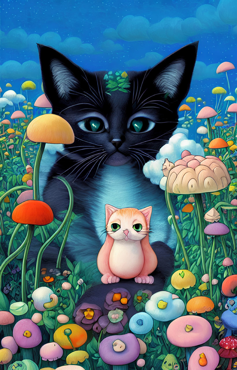 Colorful illustration: Large black cat with small orange cat in whimsical mushroom field