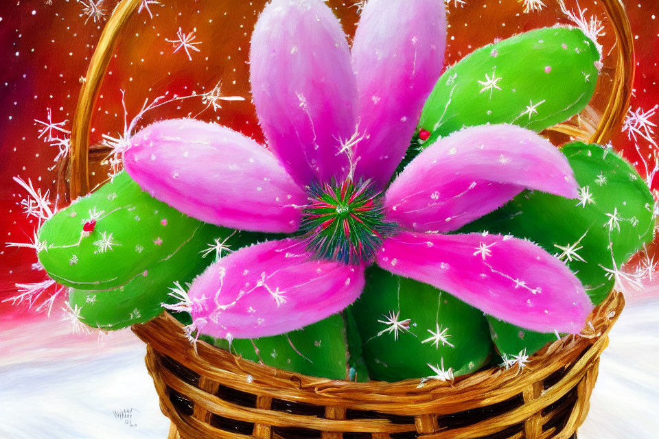 Colorful Pink Cactus Flower Painting on Green Cactus in Wicker Basket