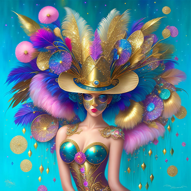 Colorful Carnival Costume with Feathered Headdress and Mask on Woman