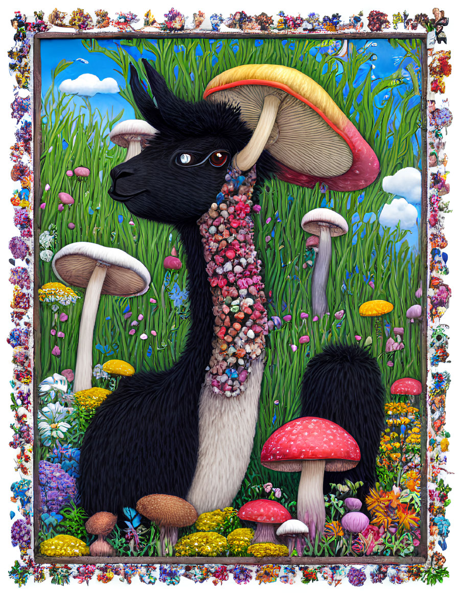 Whimsical black goat with flower beard in colorful mushroom field