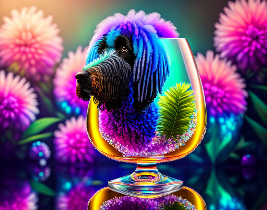 Colorful Black Poodle in Wine Glass with Blue Mane and Flowers