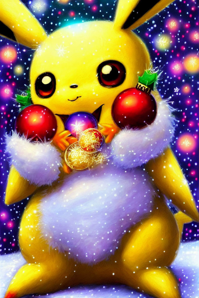 Festive Pikachu with Christmas ornaments in snowy scene