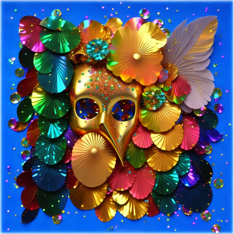 Colorful Glitter Masquerade Mask with Floral Petals and Feathers on Blue Background