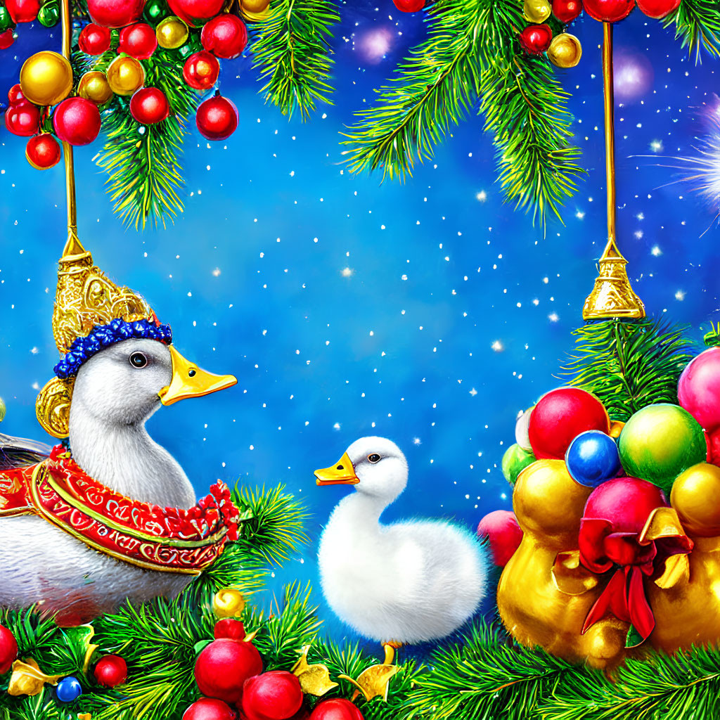 Quirky Christmas duck and duckling with festive decorations