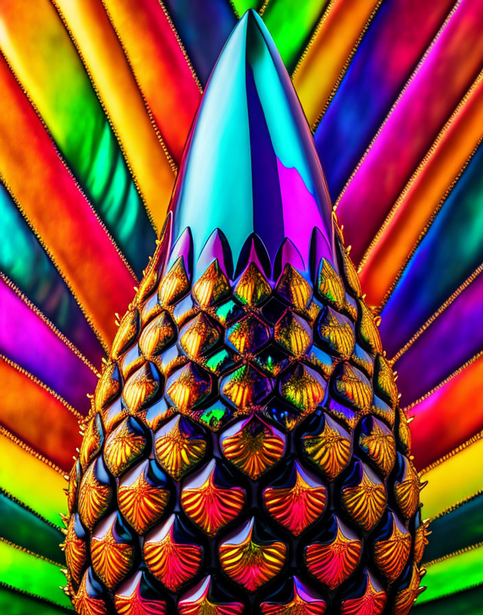 Colorful Conical Object on Metallic Surface Against Radiant Background