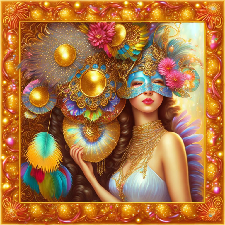 Colorful Feathered Mask Woman with Ornate Headdress & Golden Fan