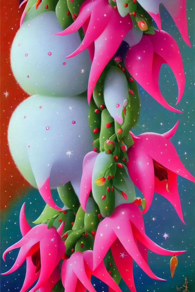 Colorful digital painting of pink flowers on starry background