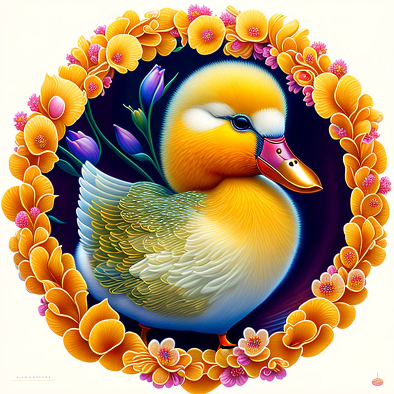 Colorful Duck Illustration Surrounded by Flowers on Purple Background