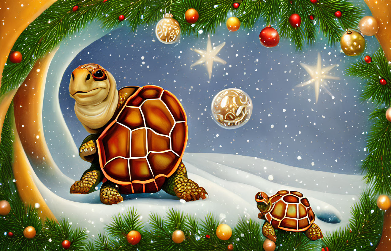 Cartoon turtles in snowy Christmas scene with festive decorations