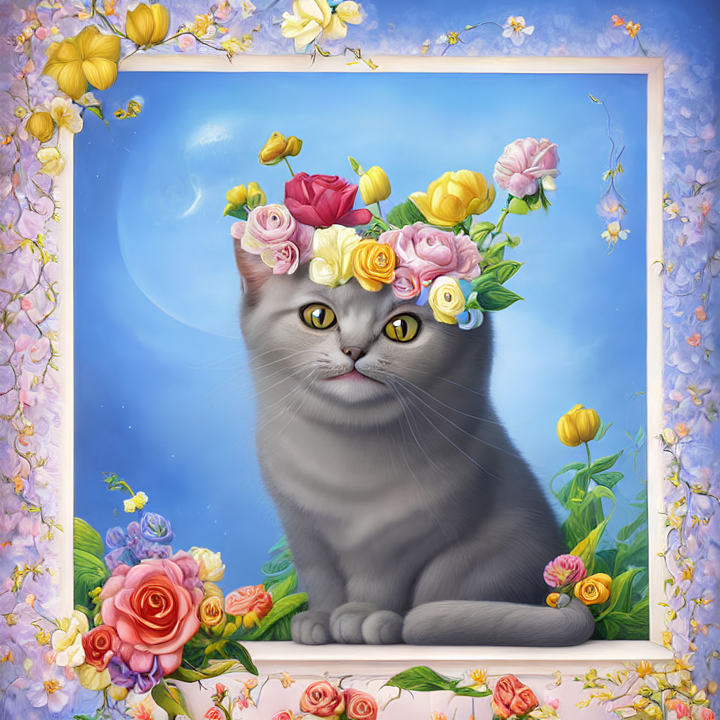 Grey Cat with Floral Crown Surrounded by Blooming Flowers and Crescent Moon