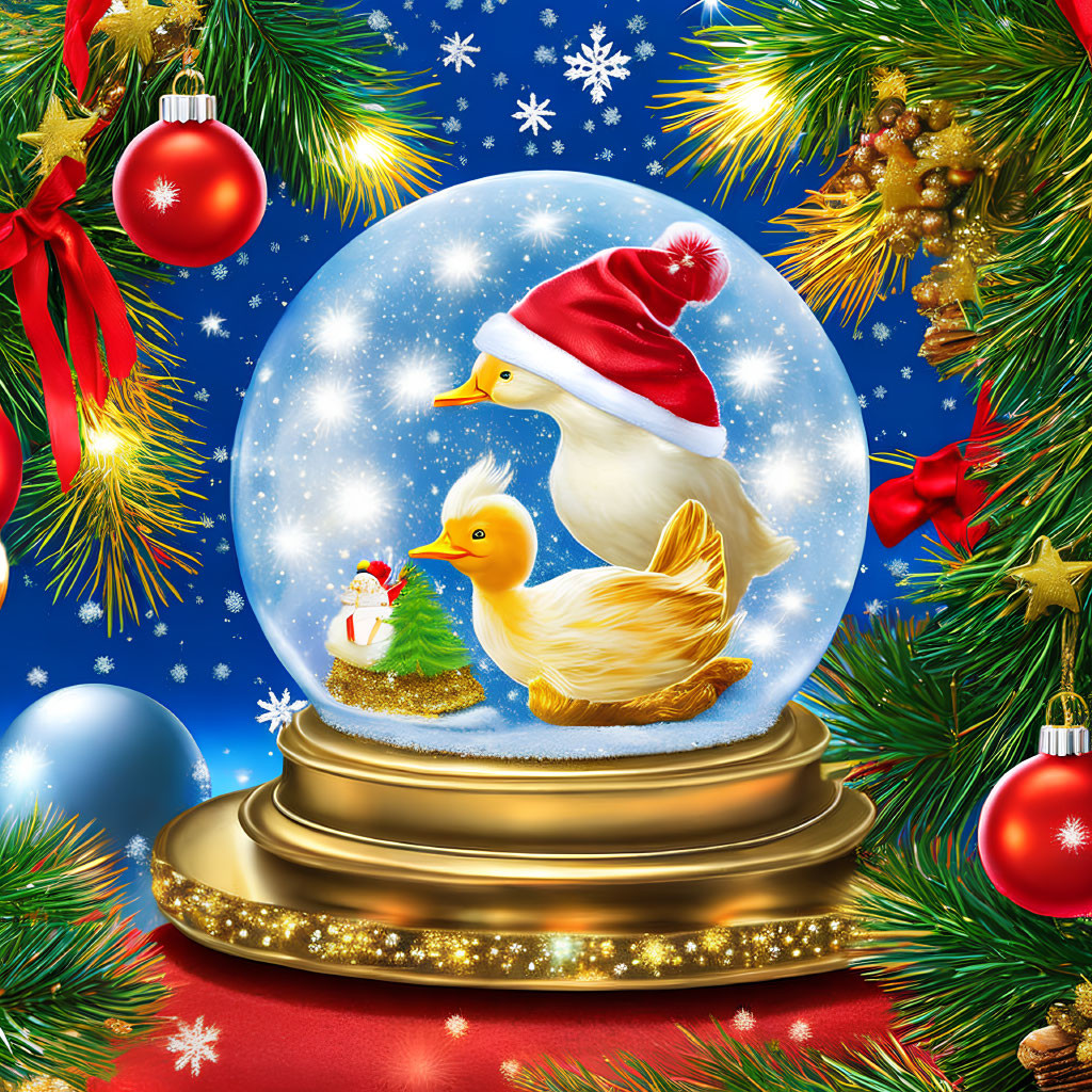 Snow Globe with Duckling in Santa Hat and Christmas Decorations