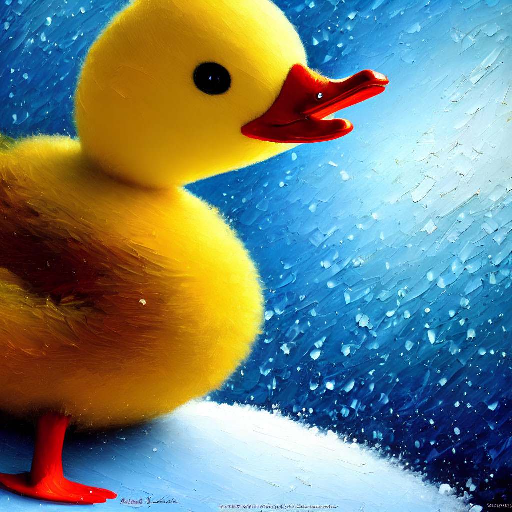 Colorful Rubber Duck Illustration on Blue Background with Rain Droplets