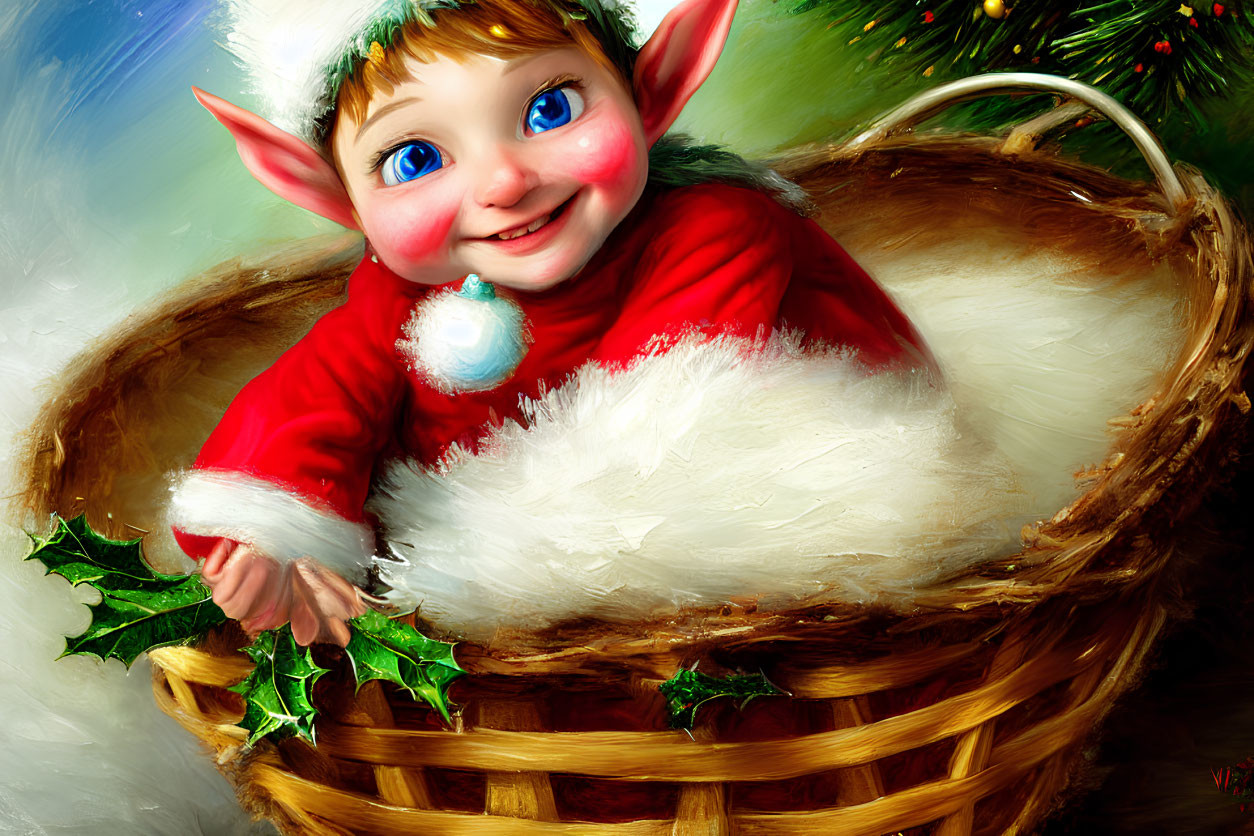 Cheerful Christmas elf in red and white outfit peeking from holly-adorned basket