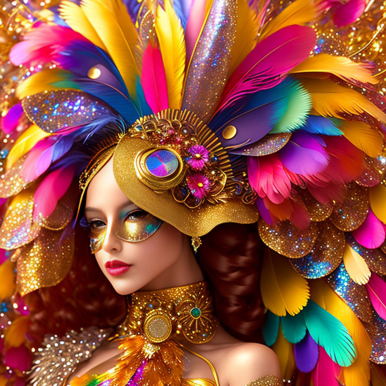 Colorful Feathered Headdress and Gold Accessories on Woman