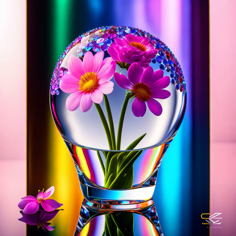 Colorful flowers in transparent spherical vase on multicolored background