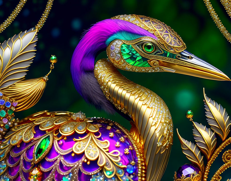 Colorful digital artwork: Peacock with golden, purple, and emerald details on dark background