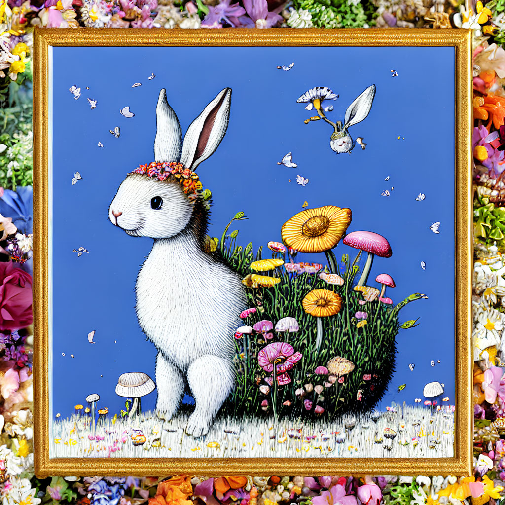 Colorful White Rabbit Artwork with Flowers and Mushrooms in Golden Frame