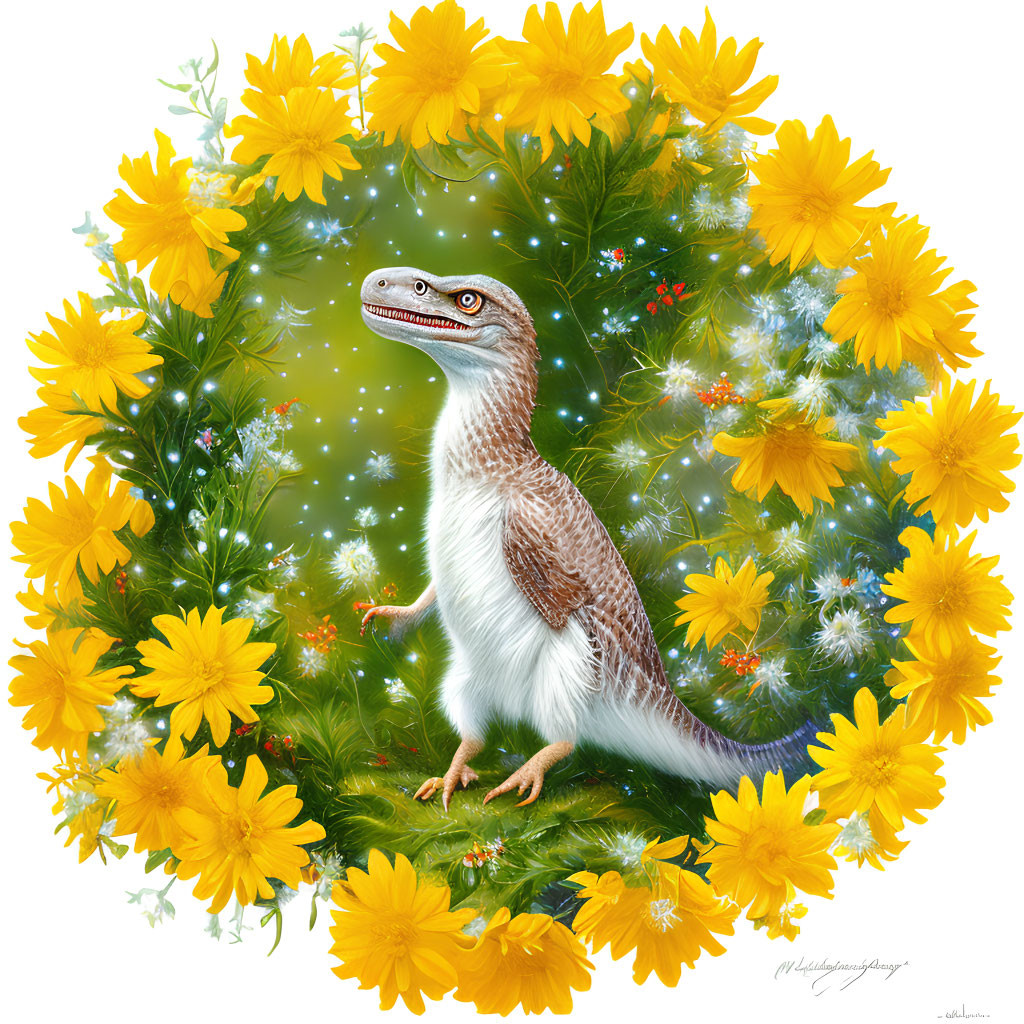 Colorful Velociraptor Surrounded by Yellow Flowers and Dandelion Seeds