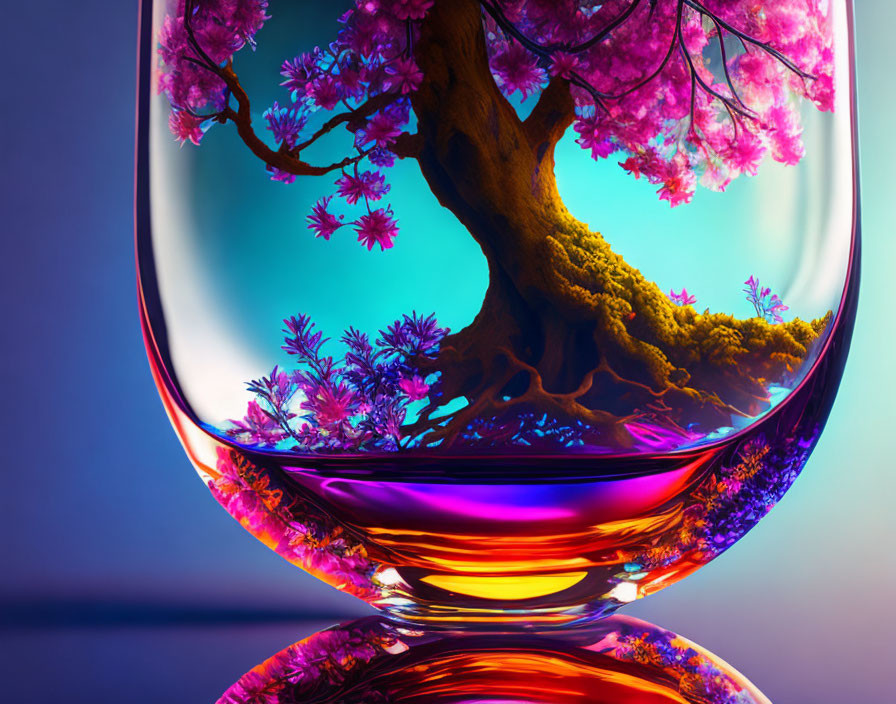 Colorful Pink Tree in Glass Vessel on Gradient Background