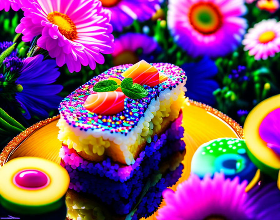 Vibrant layered cake with candy and sprinkles on plate amidst colorful flowers