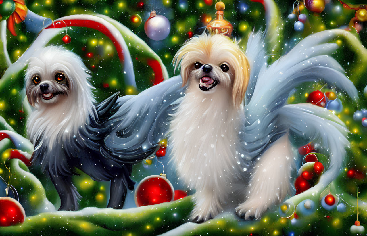 Fluffy White Dogs with Angel Wings in Festive Christmas Setting