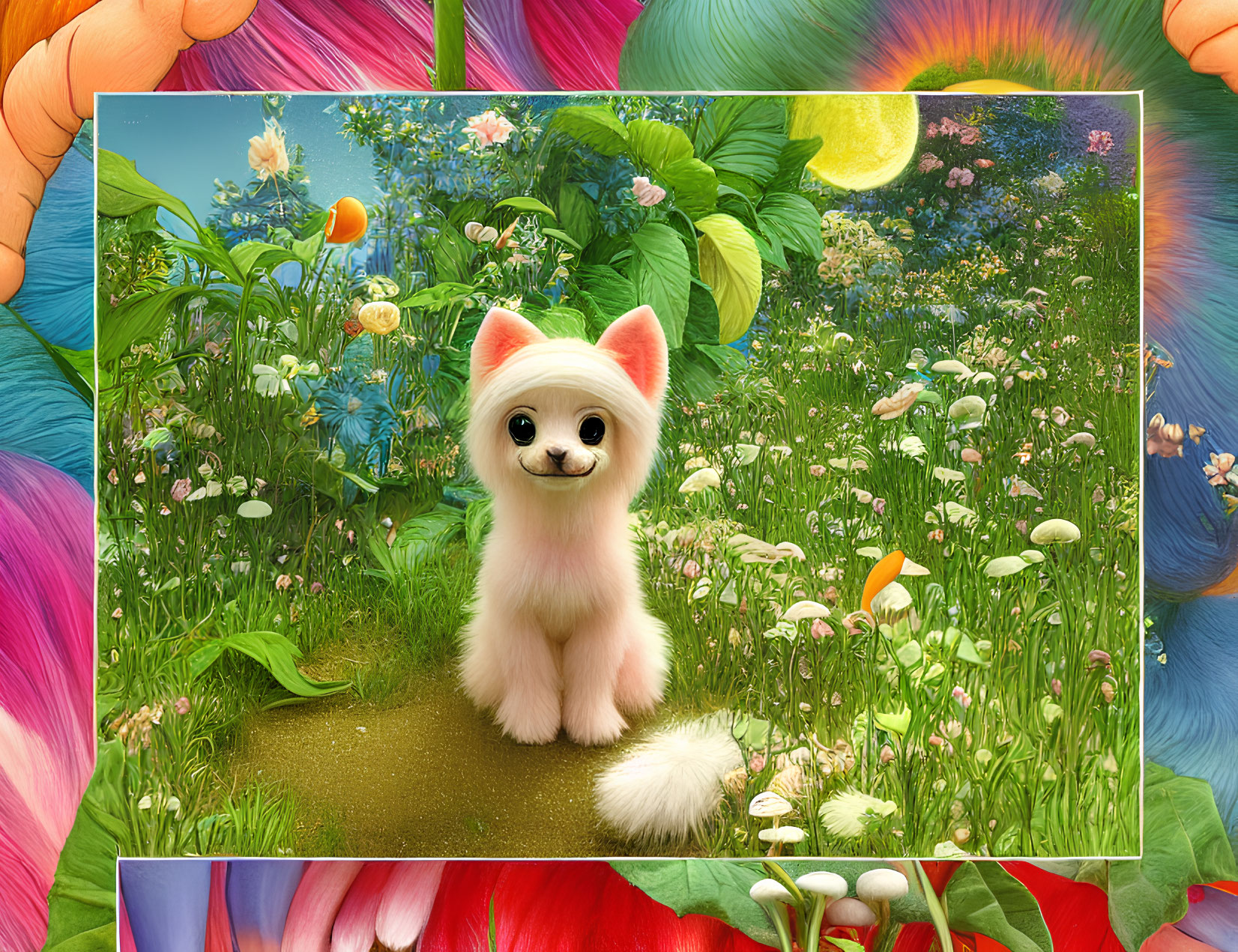 Whimsical fluffy white dog in vibrant magical garden