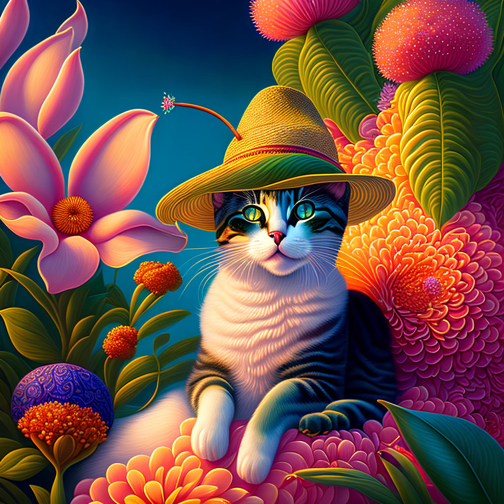 Colorful Tabby Cat in Straw Hat Surrounded by Exotic Flowers at Night